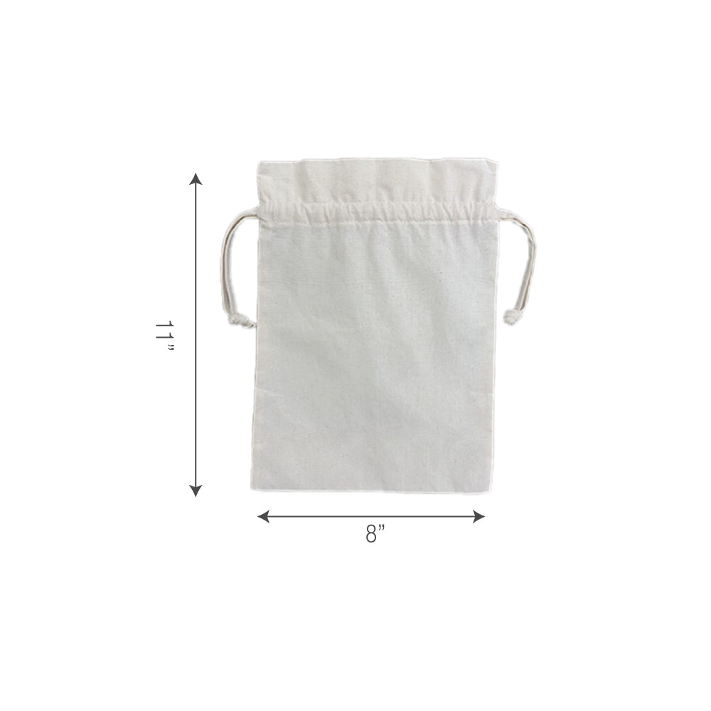 White cotton drawstring bag with measurements