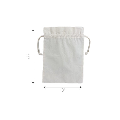 White cotton drawstring bag with measurements