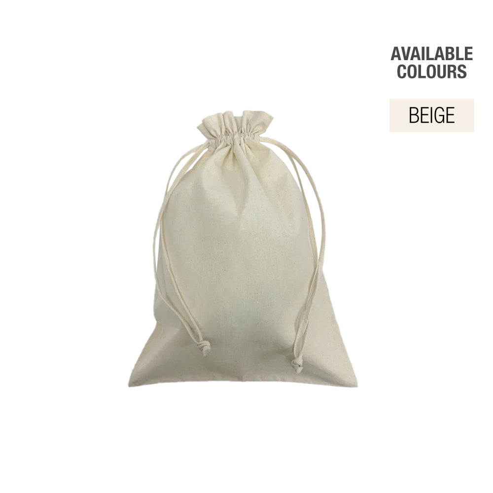 A white canvas bag with a drawstring on it