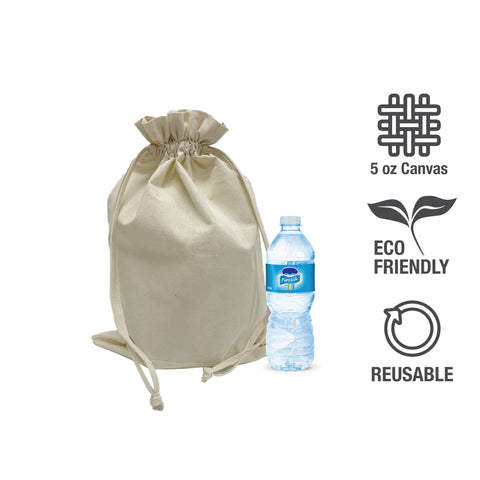 A canvas drawstring bag and water bottle side by side.