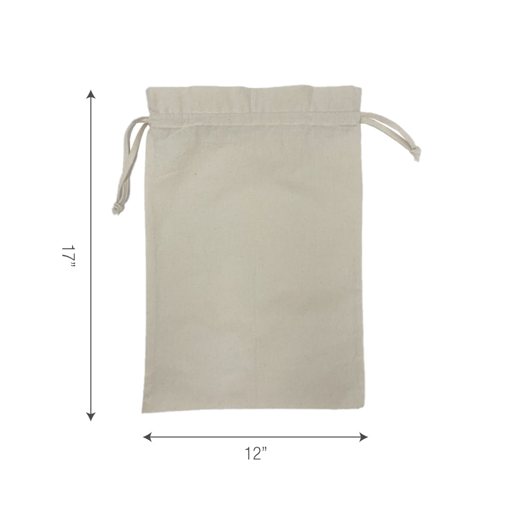 A white cotton drawstring bag with measurements