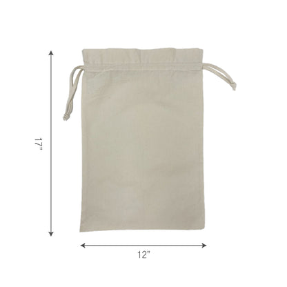A white cotton drawstring bag with measurements