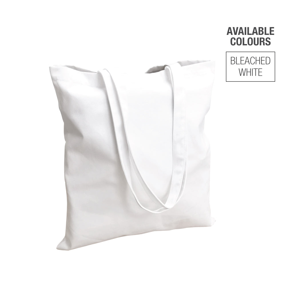 White tote bag featuring the words "available colours" in bold lettering