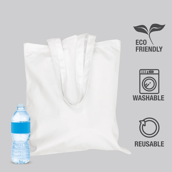 A white canvas shopping bag with labels and a bottle of water