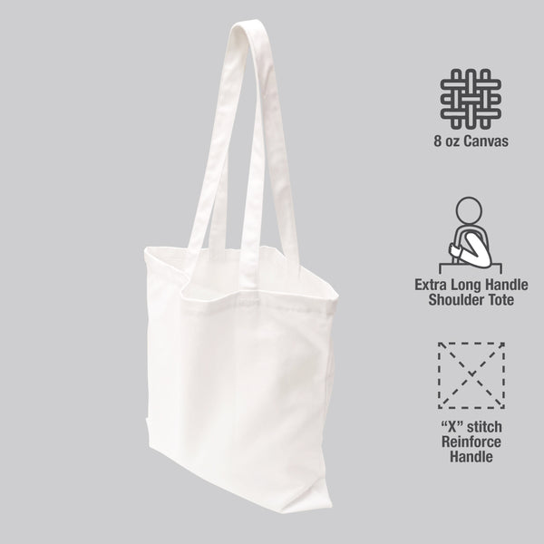 A white plain tote bag with three labels