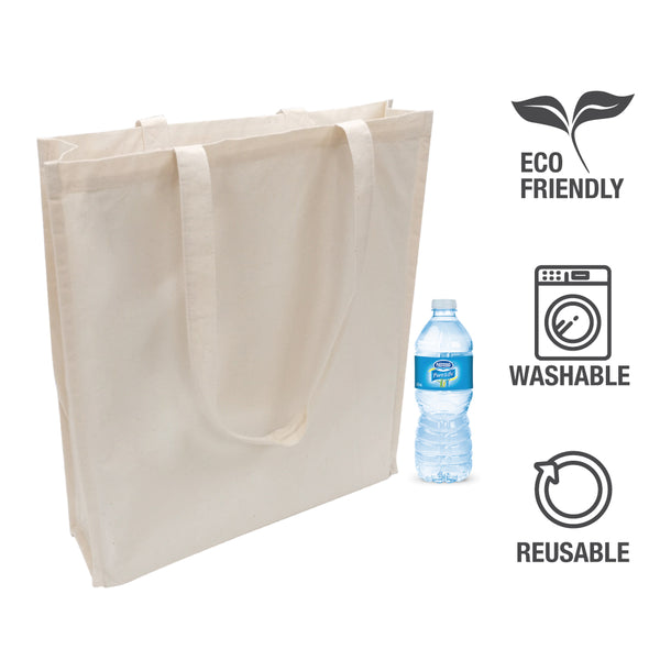A canvas tote bag with a water bottle