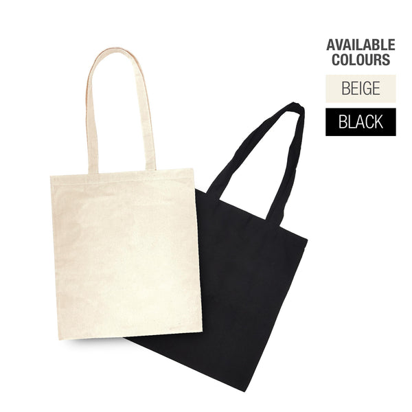 A pair of black and white tote bags displaying the text "available colours"