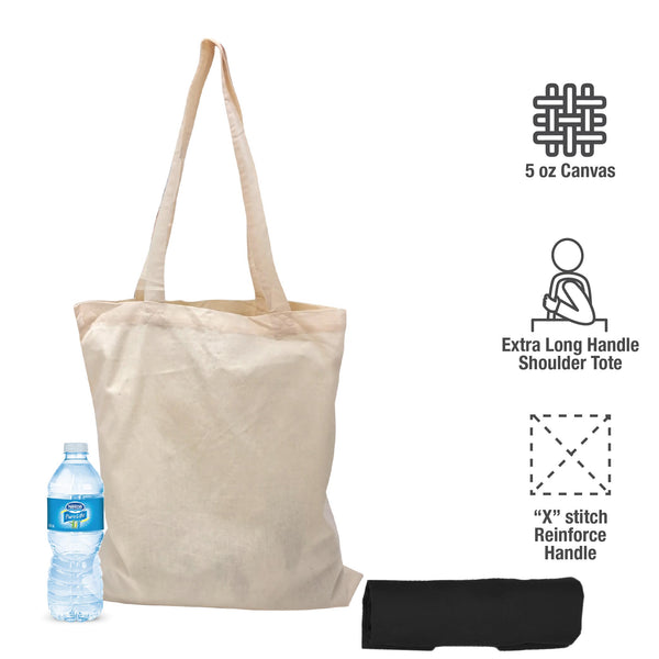 A canvas tote bag with a water bottle and a black bag