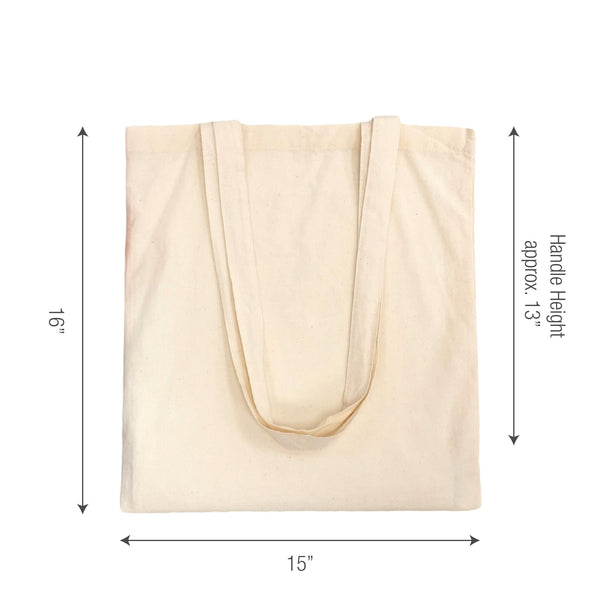 A canvas tote bag with measurements: 16" x 15" and 13" handles