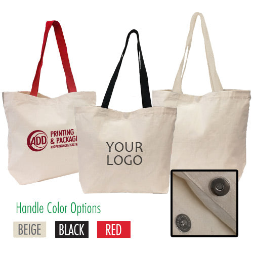 personalized tote bags with beige, red and black handles