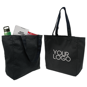 Black canvas bag with logo containing a water bottle and books