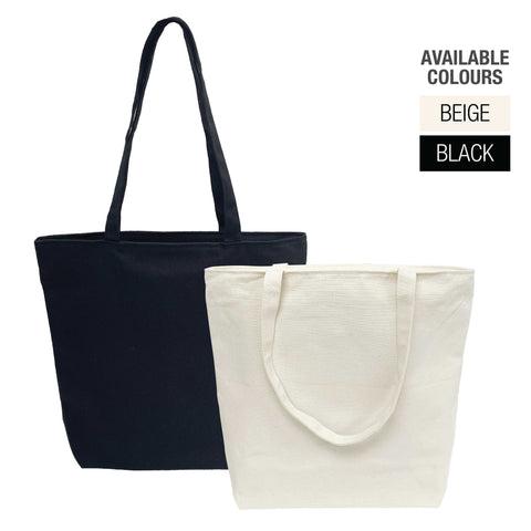 Two canvas tote bags in black and white