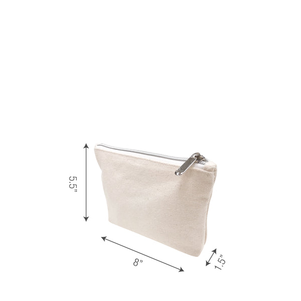 A white zipper pouch with measurements