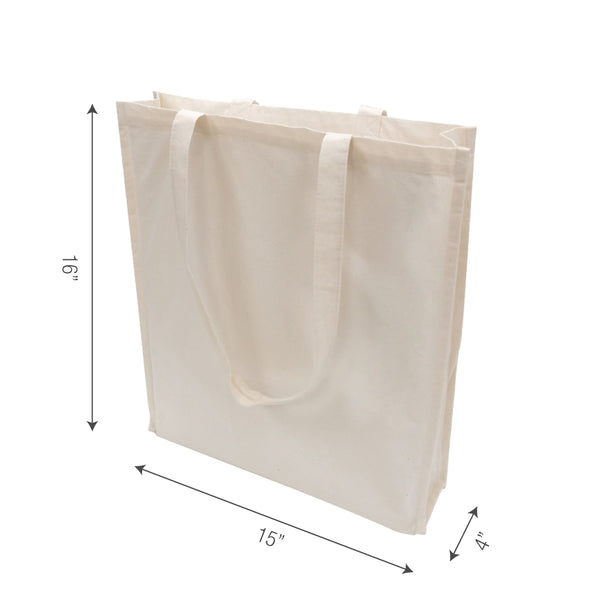 A canvas tote bag with measurements displayed
