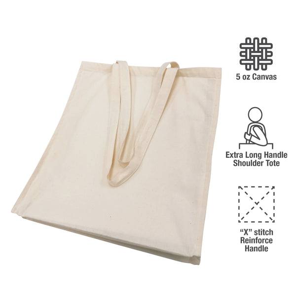 A canvas tote bag with long handles and feature labels