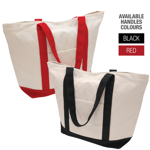 Two canvas tote bags with red and black handles