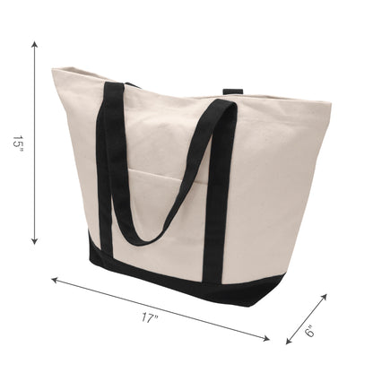 A plain tote bag with black handles and measurements