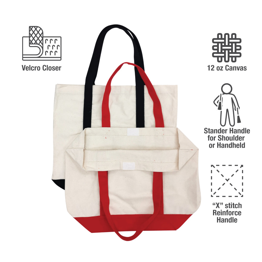 Two beige canvas tote bags with red and black handles