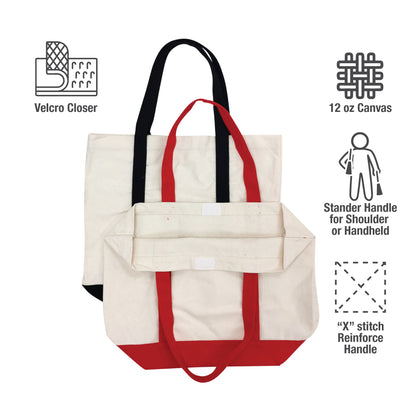 Two beige canvas tote bags with red and black handles