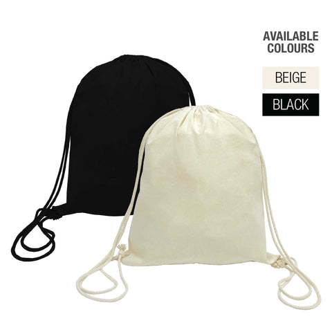 Two black and white canvas drawstring bags with "available colours" text