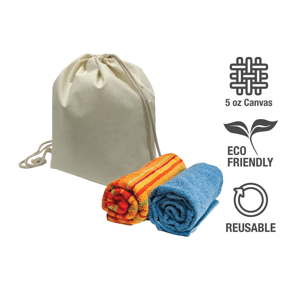 Two towels neatly folded near a canvas drawstring bag
