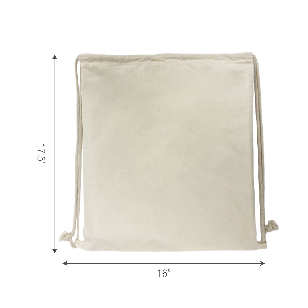 A cotton drawstring bag with measurements