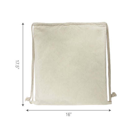 A cotton drawstring bag with measurements
