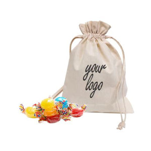 A canvas drawstring bag filled with colorful candies
