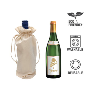 A bottle of wine next to a canvas drawstring bag with a label