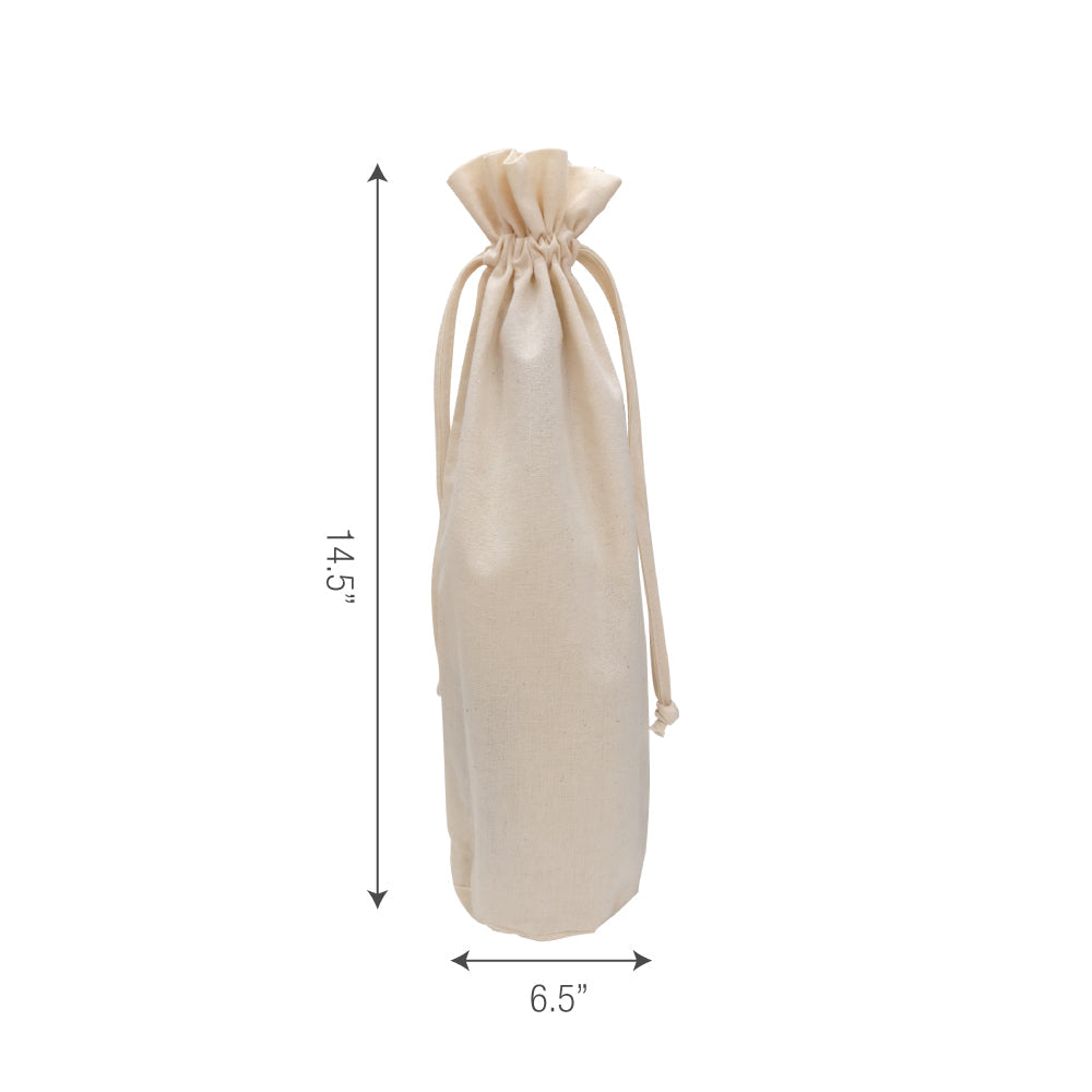 A canvas wine bag with two drawstrings and measurements displayed
