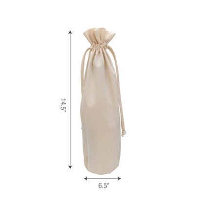 A canvas wine bag with two drawstrings and measurements displayed
