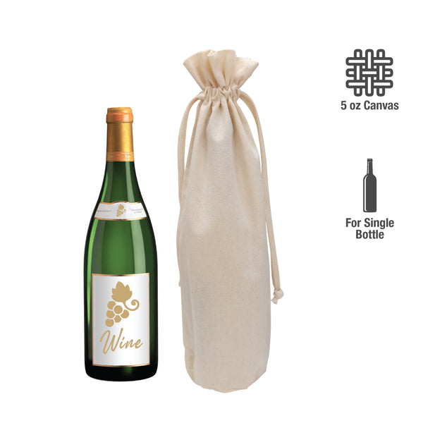 A labeled wine bottle and canvas bag