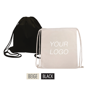 canvas drawstring bags in black and white with the words "Your Logo" on it