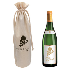 A bottle of wine next to a canvas drawstring bag with custom printed logo