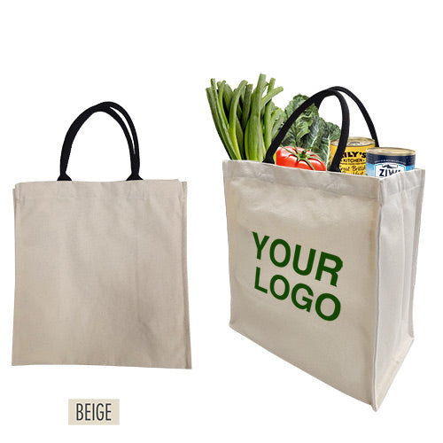 A canvas shopping bag filled with grocery items featuring your logo