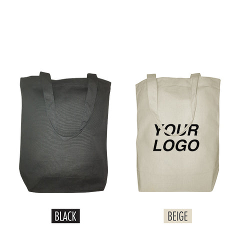 Customized canvas tote bags in black and white featuring "Your Logo" print