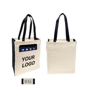 A plain tote bag and a custom printed canvas bag with black handles