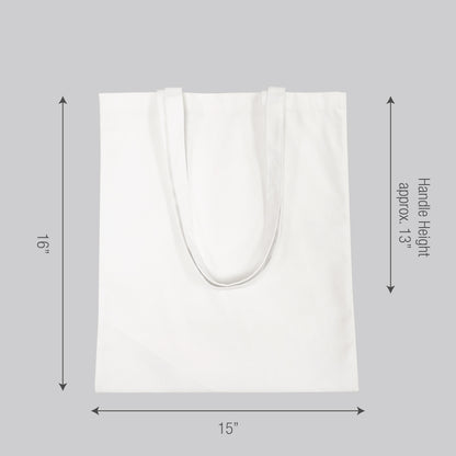 Plain tote bag displayed with measurements