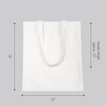 Plain tote bag displayed with measurements