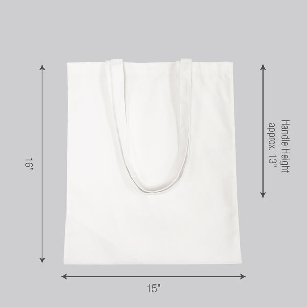 Plain tote bag displayed with measurements
