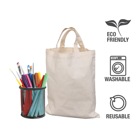 A plain tote bag with short handles  and stationary items