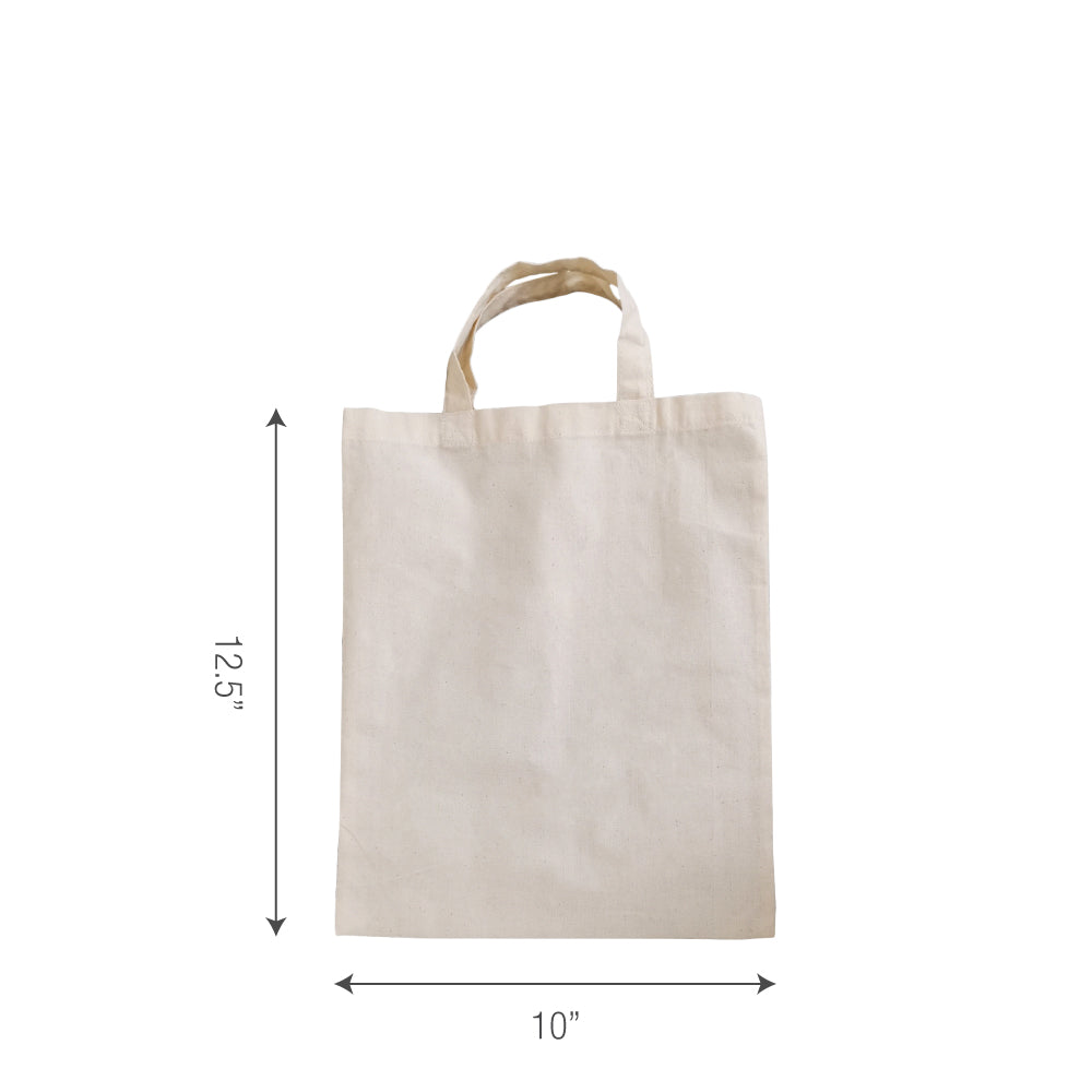A canvas tote bag with measurements