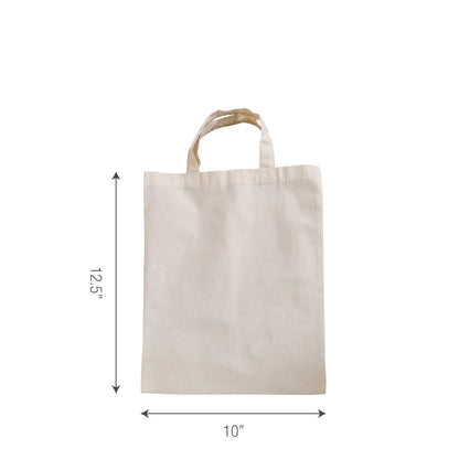 A canvas tote bag with measurements