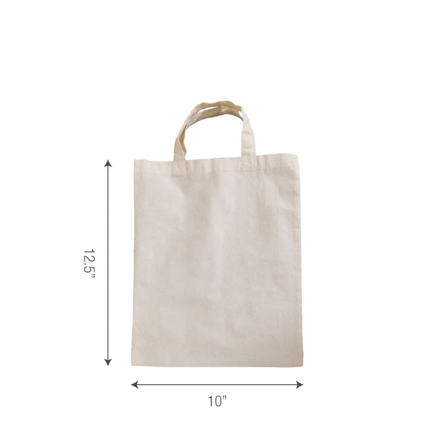 A canvas tote bag with measurements