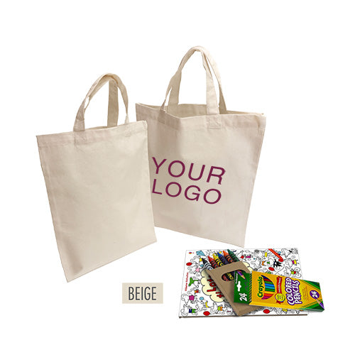 Custom canvas tote bags with colorful pencils and crayons