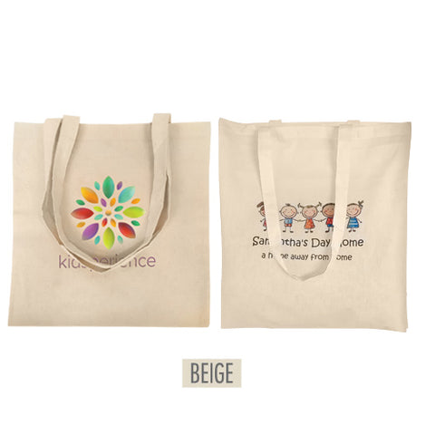 Two canvas tote bags featuring custom printed logo