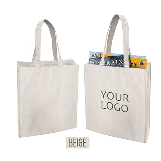 Two beige canvas tote bags filled with books featuring your logo