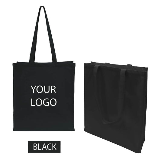 Two black canvas tote bags with the words "Your Logo" on one of them