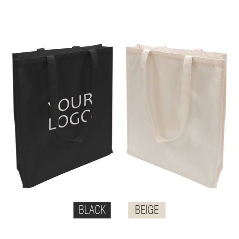 Two canvas tote bags in black and beige with the words "your logo" on them