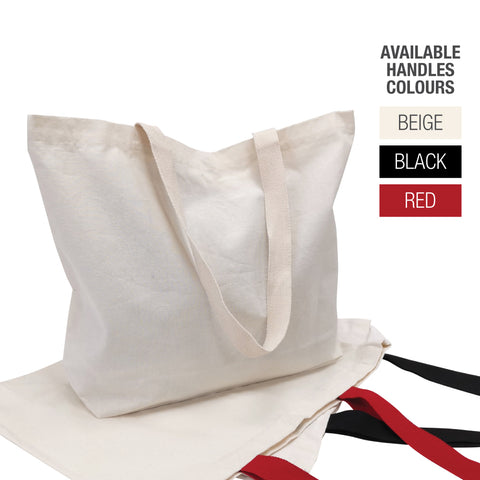 White canvas bag with beige, red and black handles